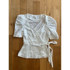 Kristinit Eyelet Embroidered Wrap Short Sleeve White Top Boho Womens Size S